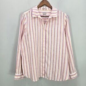 Chico's No-Iron Linen Blend Shir Striped Button Blouse 1 M Resortwear Coastal